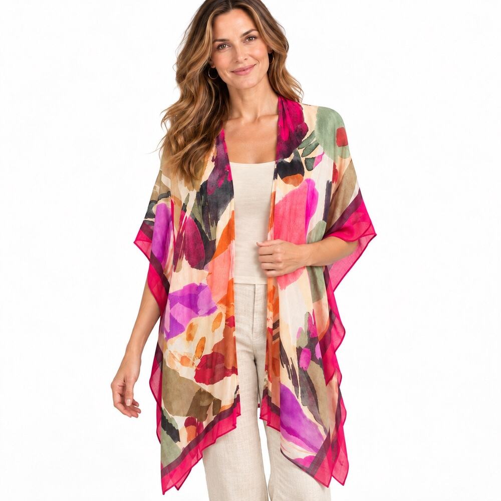 Modena One Size Multicolor Abstract Floral Kimono Duster 100% Viscose Boho